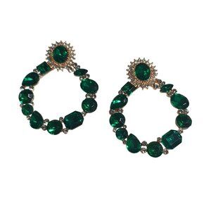 Emerald Green Acrylic Crystal Gold Tone Hoop Earrings Costume Jewelry Gift